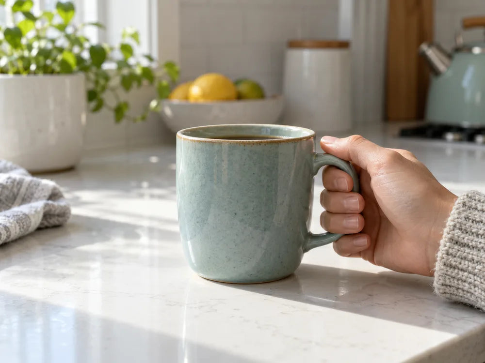 Main posée près d’une tasse sur un plan de travail