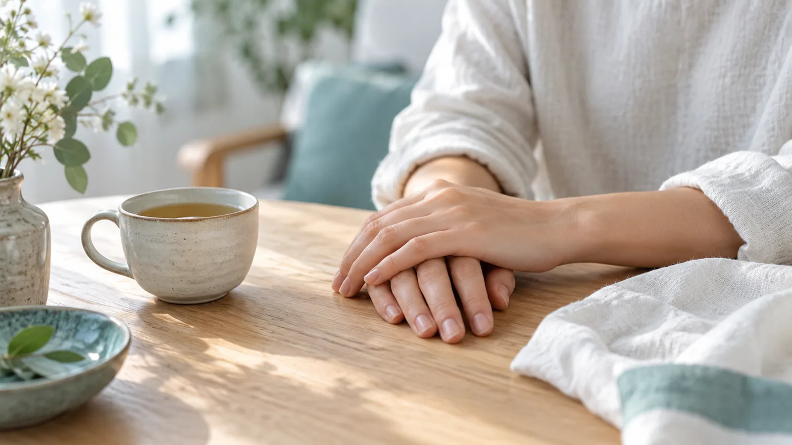 Mains posées sur une table en bois clair, lumière douce de fenêtre